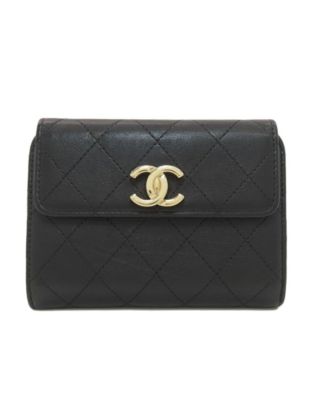 Chanel CC Logo Quilted Gold Bifold Wallet Calfskin